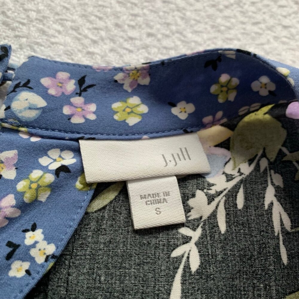 J. Jill Women Mixed Floral Print Sleeveless Shift Dress Black Blue Pom Pom Hem‎ - Picture 10 of 11